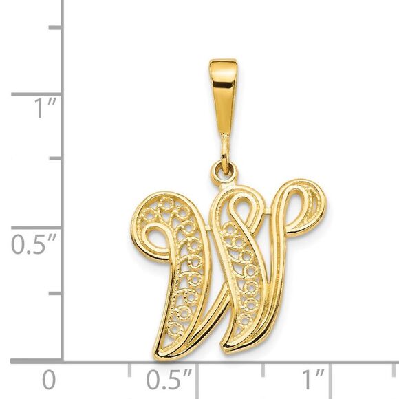 14k Yellow Gold, Maci Collection, LG Filigree Script Initial W Pendant - Picture 4 of 5